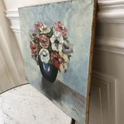 Old painting signed oil on canvas bouquet of vintage anemone flowers