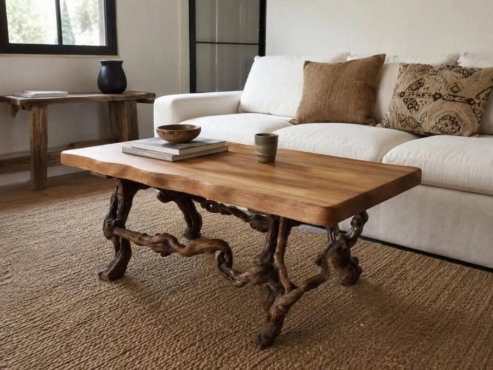 Solid wood coffee table - oak + vine roots
