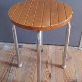 Tabouret 4 pieds tubulaire  assise bois strié, vintage