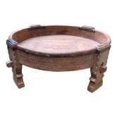 Indian coffee table wooden grinding millstone
