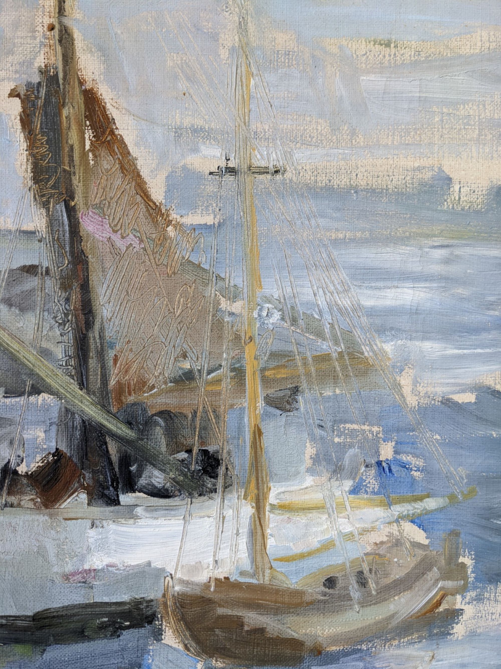 Mid-century modern swedish "archipelago boats" vintage seascape, framed oil painting