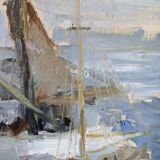 Mid-century modern swedish "archipelago boats" vintage seascape, framed oil painting