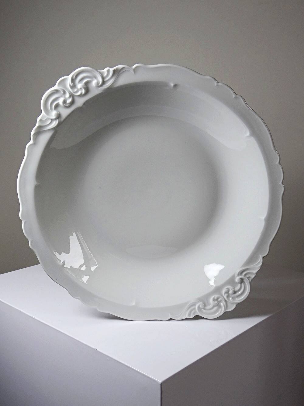 Large, hollow serving dish in fine white Limoges porcelain, vintage/antique