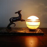Art deco table lamp, marble, opaque glass and granite, animal in bronze patinated regulator