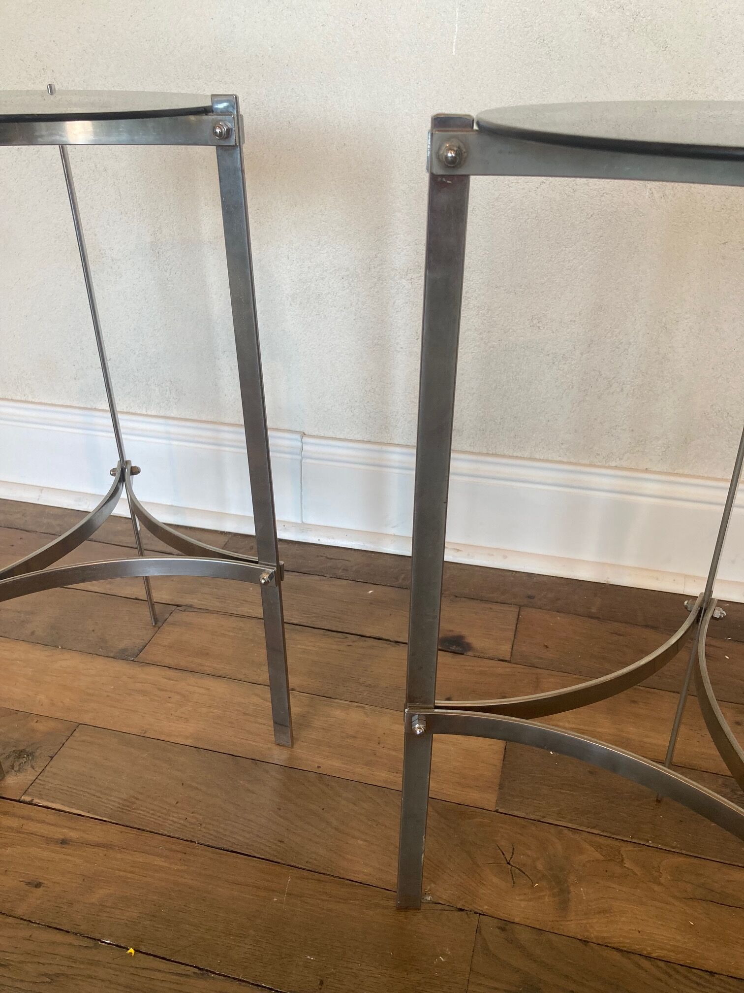 Work from the 70s, pair of chrome metal and glass sofa ends