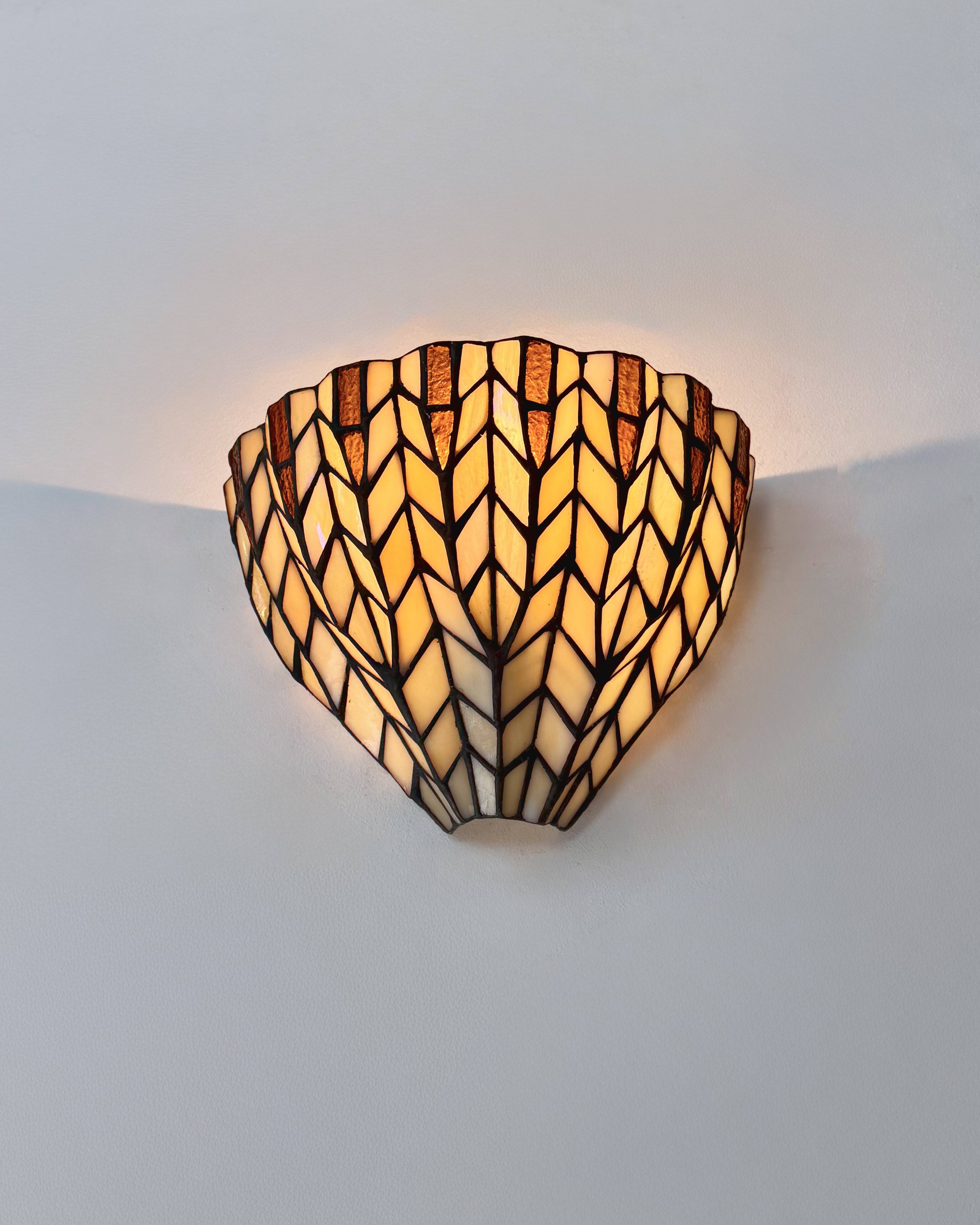 Pair of vintage "stained glass" wall lights in copper and glass, France, 1970.