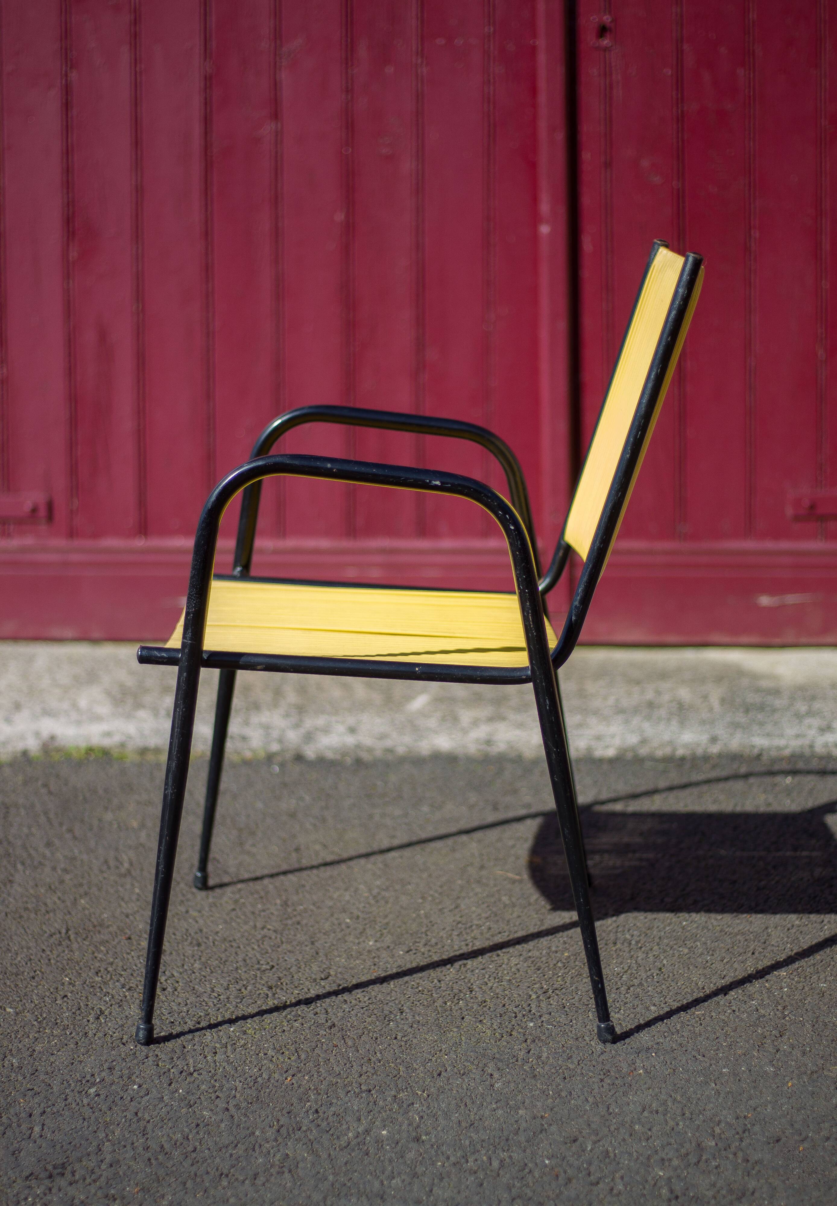 Scoubidou armchair, black metal armchair and yellow plastic wires, vintage chair