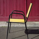 Scoubidou armchair, black metal armchair and yellow plastic wires, vintage chair