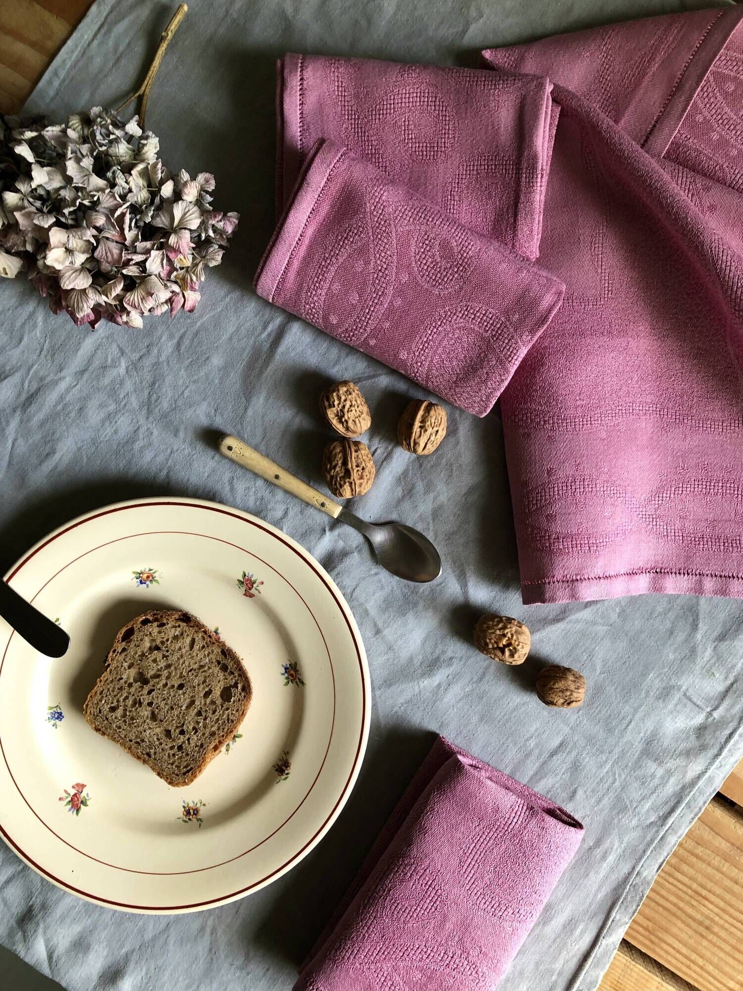 Set of four old damasked towels dyed cyclamen