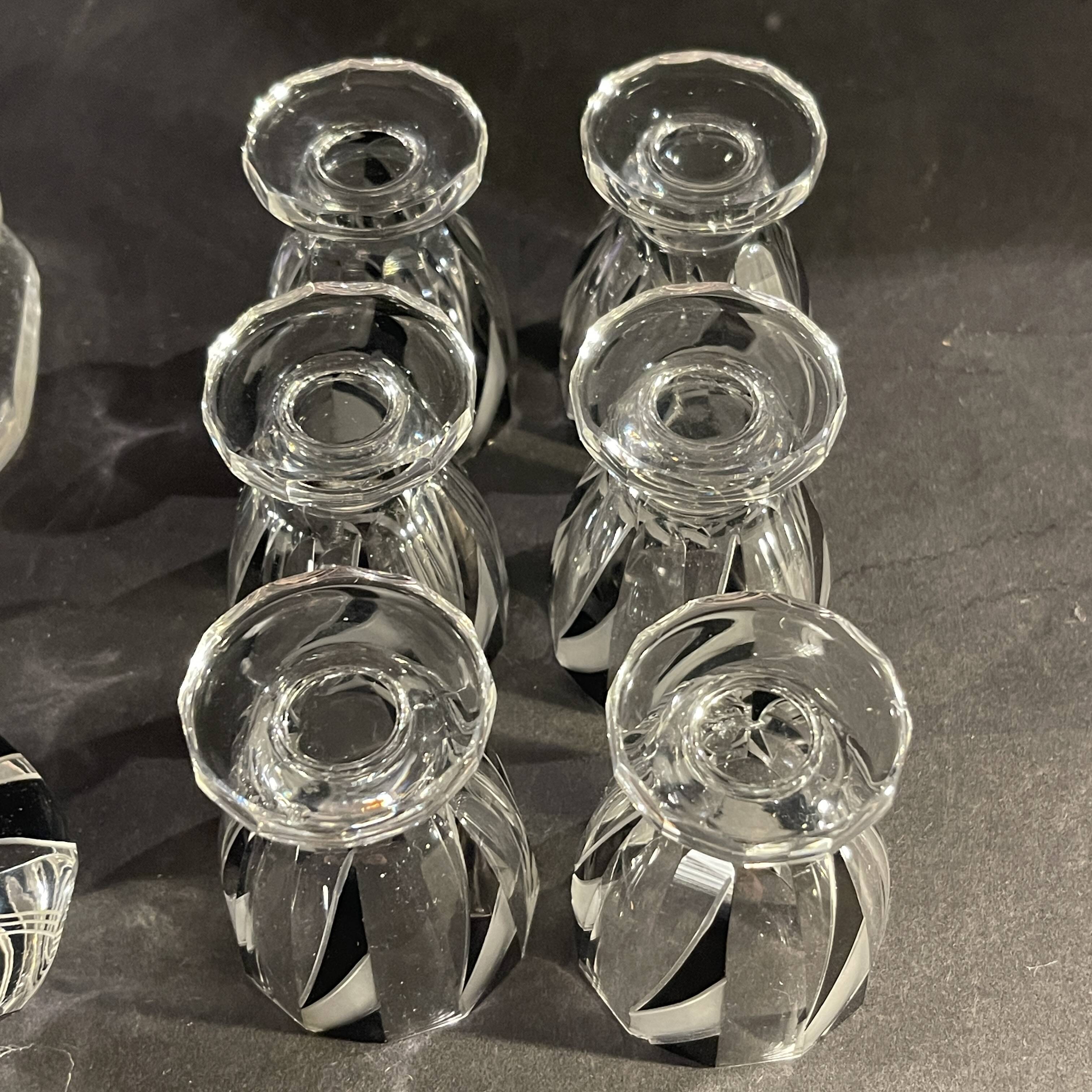 Art deco liqueur set, carafe & 6 glasses, cut double crystal, cubist decor, karl palda