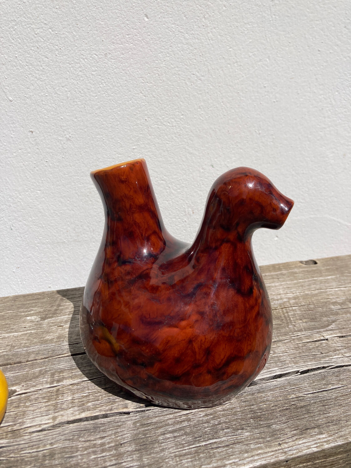 Zoomorphic pitcher bird / hen 1970 glazed ceramic brown and yellow