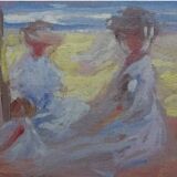 Peinture à l'huile impressionniste du XXe siècle représentant une scène de plage