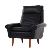 Fauteuil en cuir noir, design danois, années 1970, production : Danemark