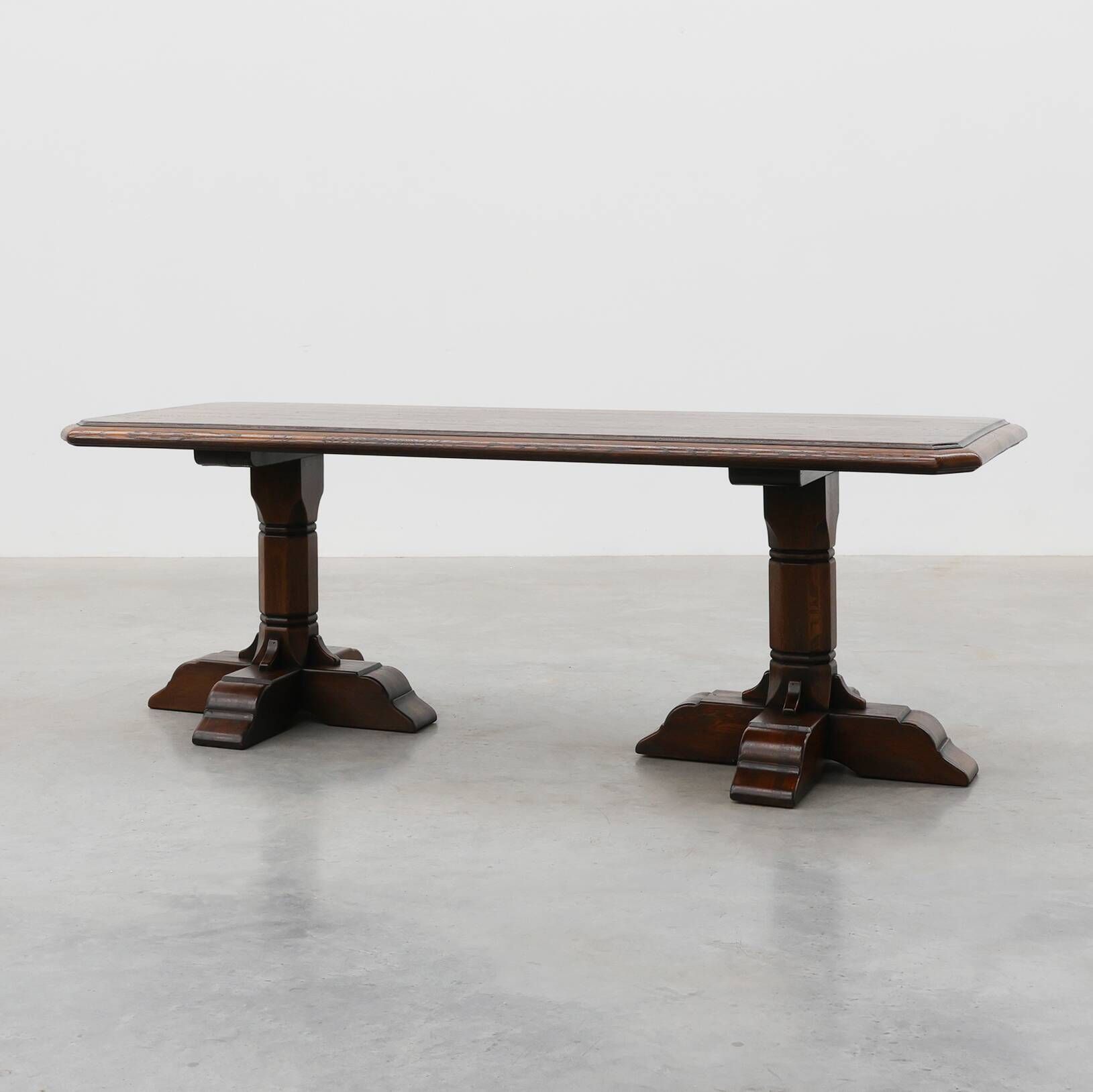 French Refectory Style Oak Dining Table with Turned Double Pedestal Base, 2