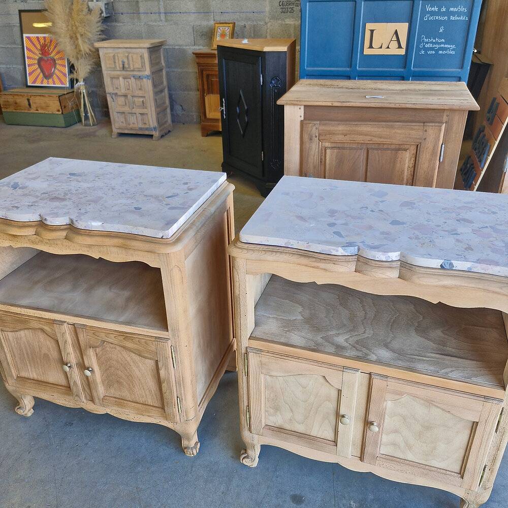 2 antique bedside tables made of solid wood and marble – sandblasted