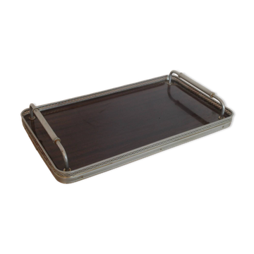 Plateau de service vintage en bois foncé et métal argenté