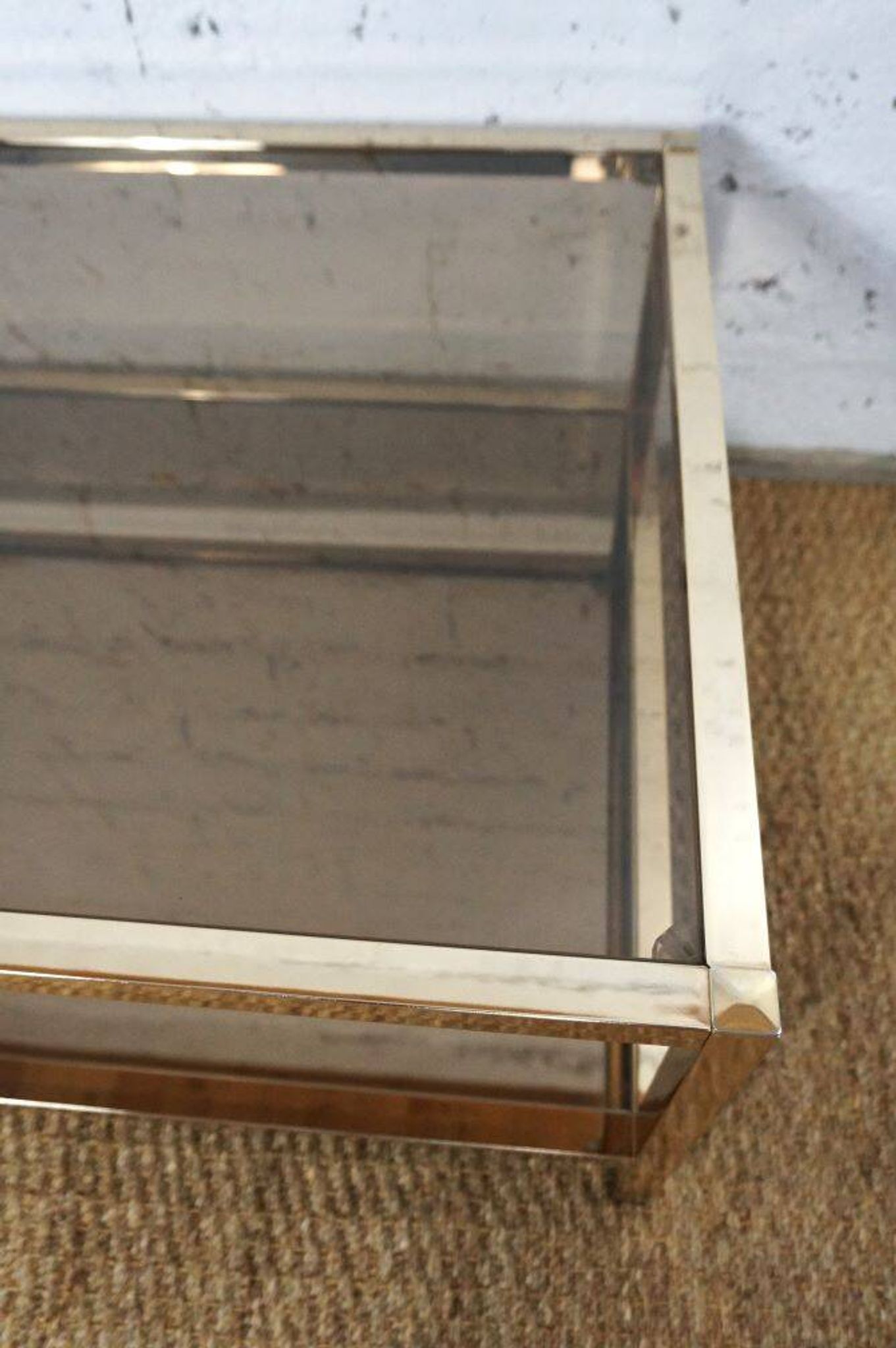 Gold chrome coffee table with double smoked glass tops 1970s