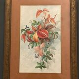 Aquarelle sur papier nature morte jeté de fleurs XXe par M. Jagu 1914