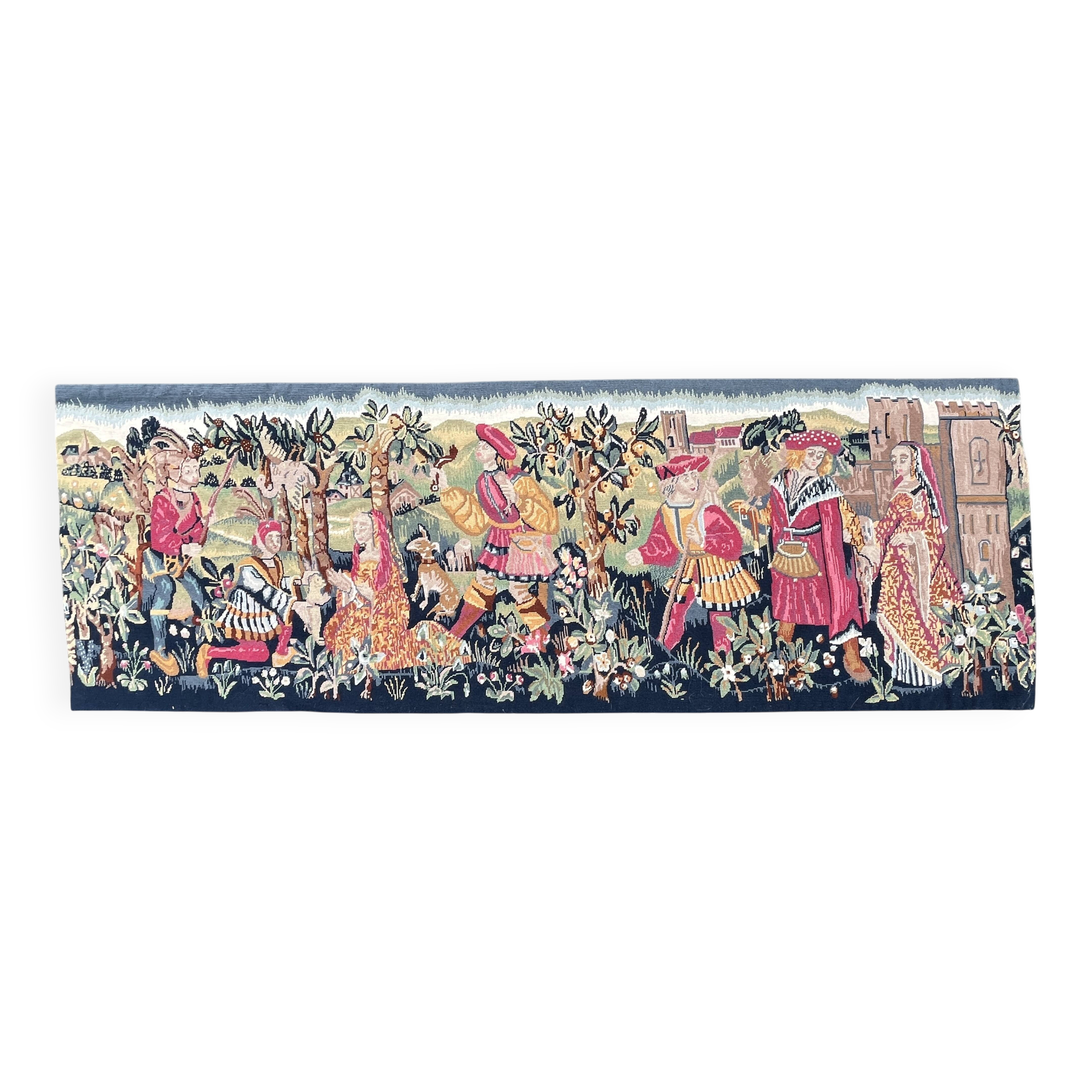 Important handwoven tapestry Medieval life 20th century