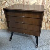 Ancienne commode 4 tiroirs bois pieds compas noir + roulettes années 70 vintage