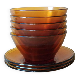Set of duralex amber bowls and plates vintage 70