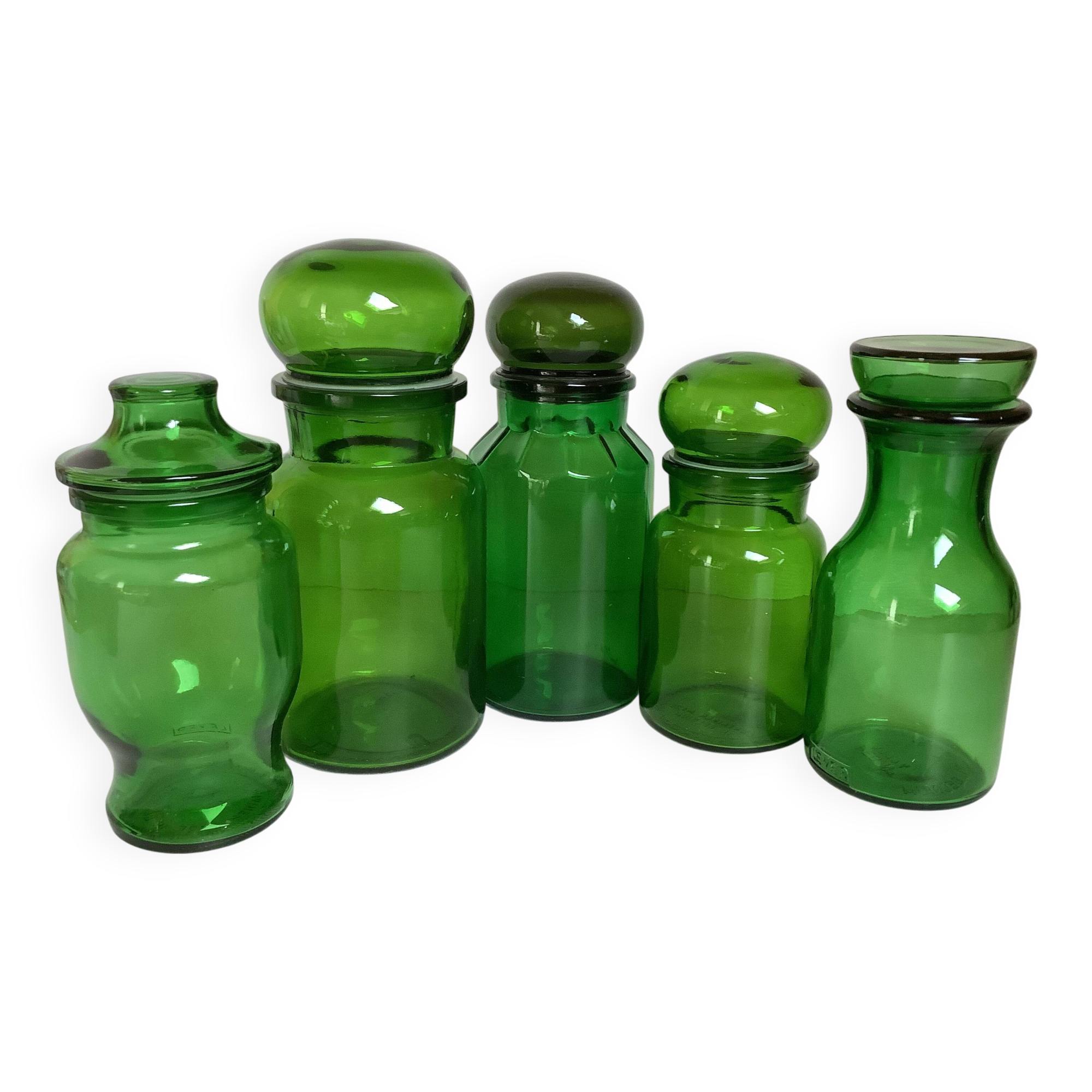 Five green glass candy boxes from the 70s