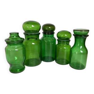 Five green glass candy boxes from the 70s