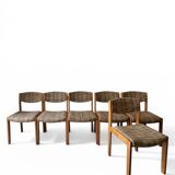 Set of 6 mid-century chairs in honey wood and tweed, 1970 design by dlg Regain.