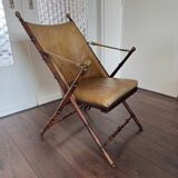 Vintage Faux bamboo, leather campaign folding chair by Maison Jansen, 1950s