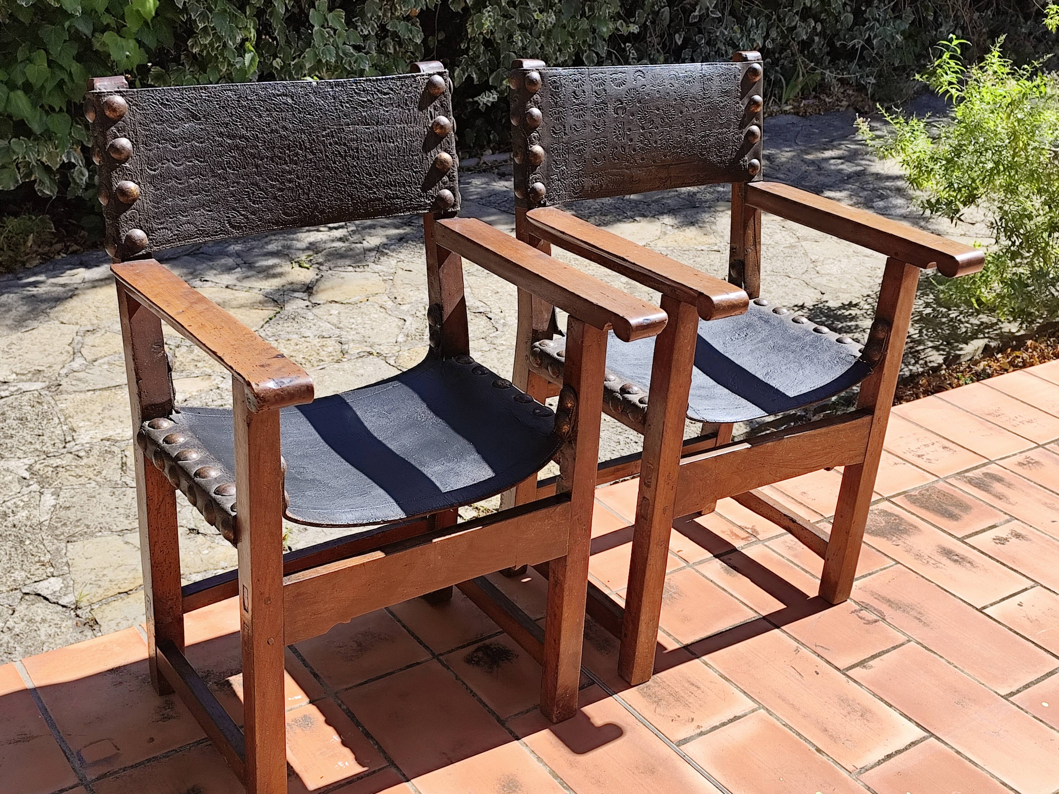 Pair of French Brutalist oak and leather armchairs 1920