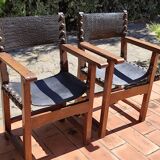 Pair of French Brutalist oak and leather armchairs 1920