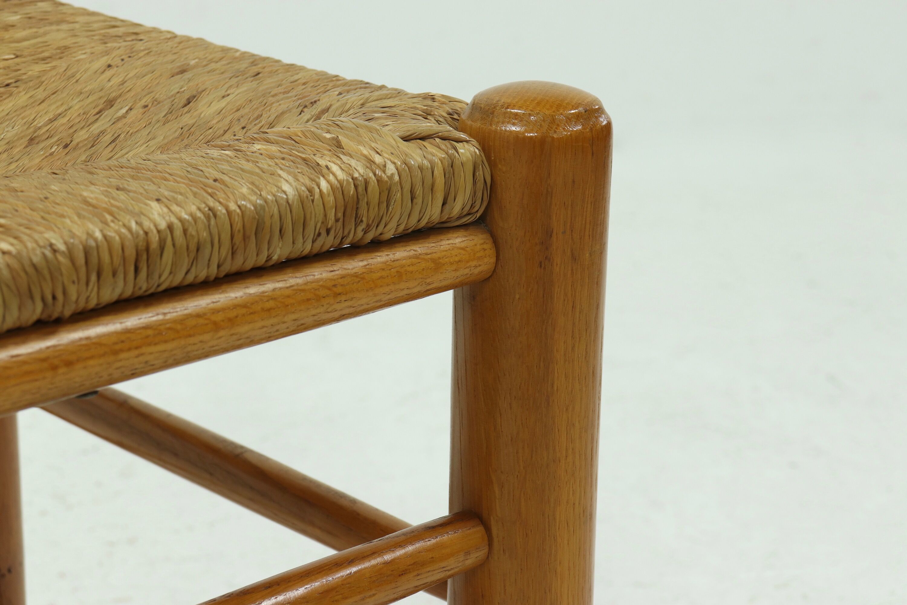 Set of 4 solid oak & rush brutalist dining chairs 1960s