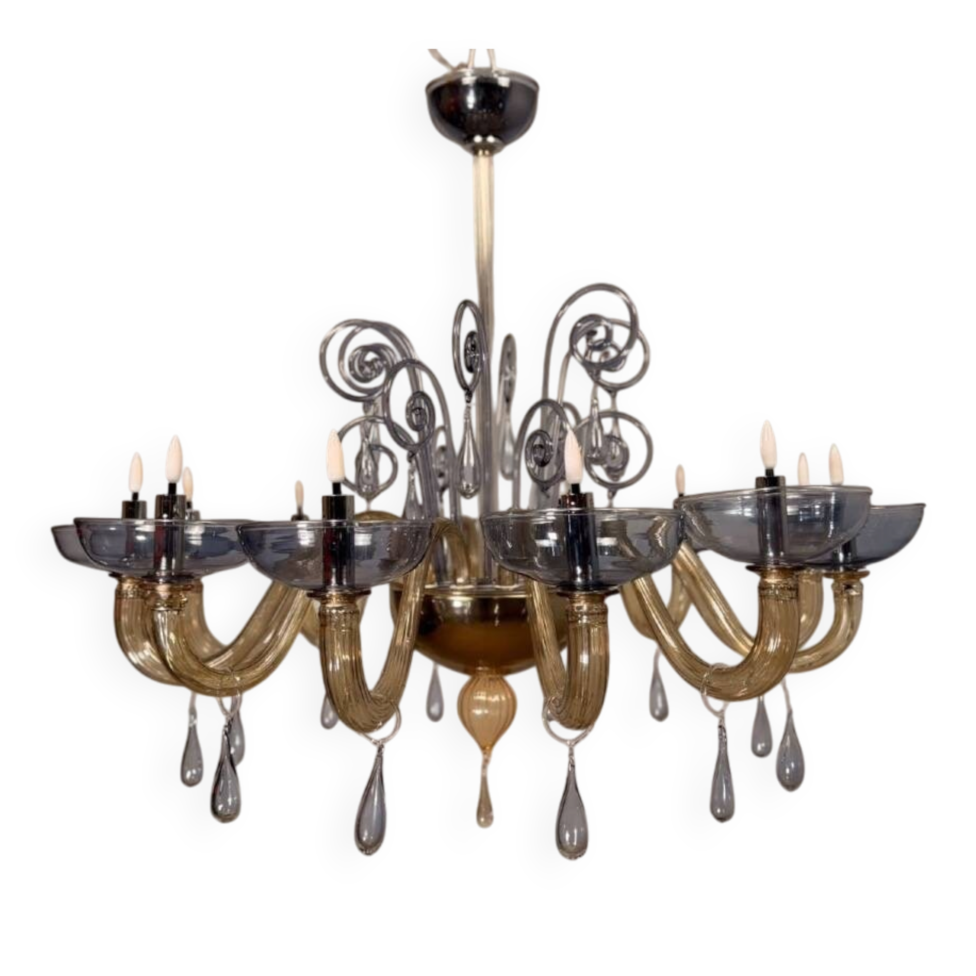 Venetian chandelier in blue and amber Murano glass, 12 light arms, circa 1980.