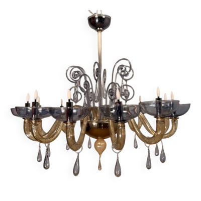 Lustre vénitien en verre de Murano bleu et ambre,12 bras de lumière vers 1980