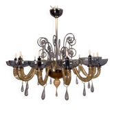 Lustre vénitien en verre de Murano bleu et ambre,12 bras de lumière vers 1980
