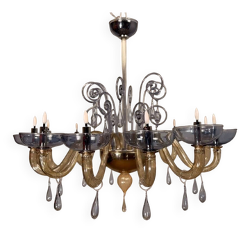 Venetian chandelier in blue and amber Murano glass, 12 light arms, circa 1980.
