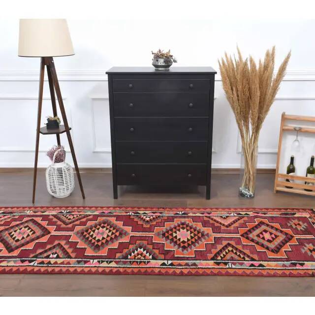 1970s Vintage Turkish Hand-Knotted Wool Cotton Red Runner Rug 93x324