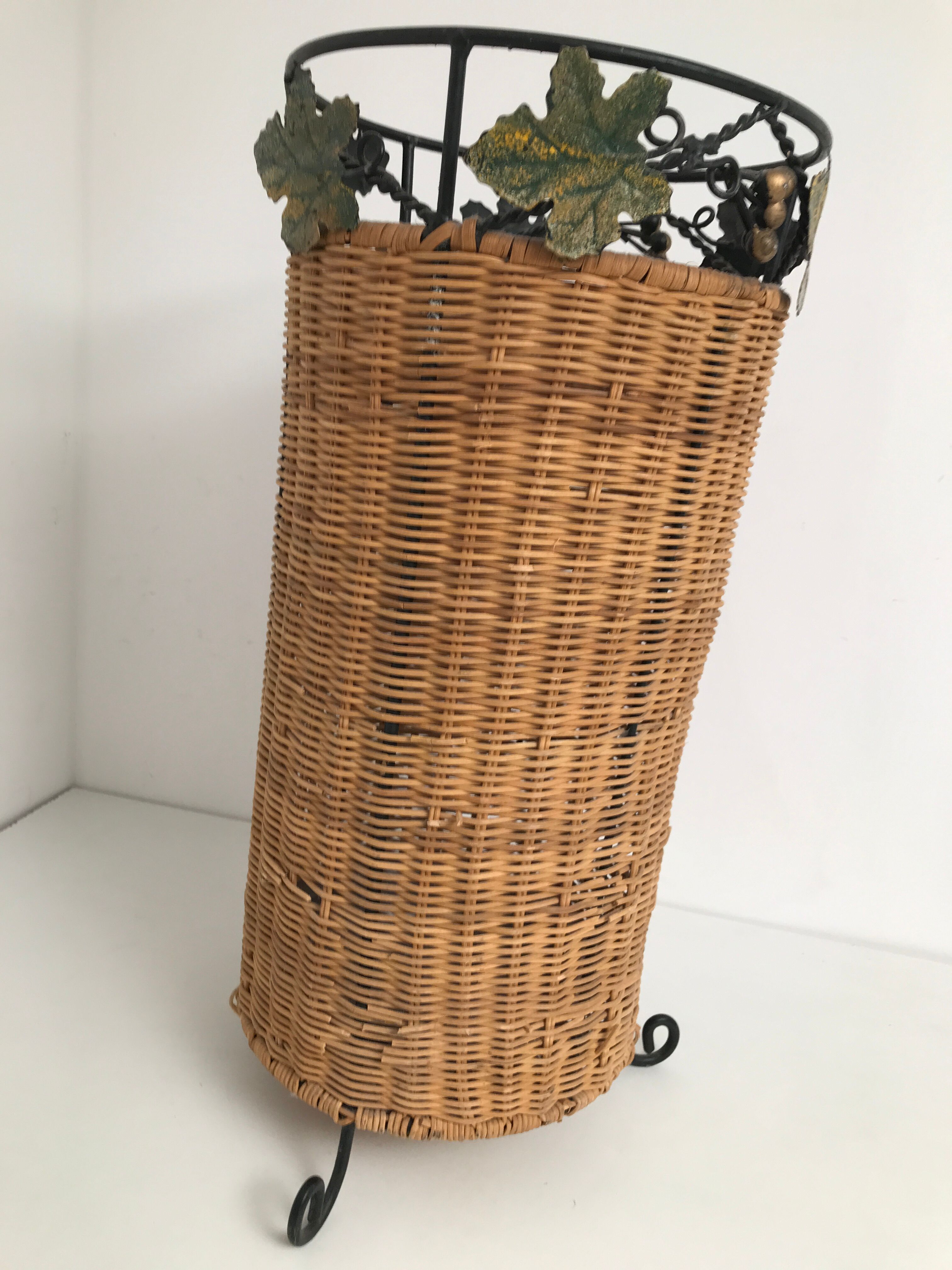 Vintage rattan and wrought iron umbrella holder