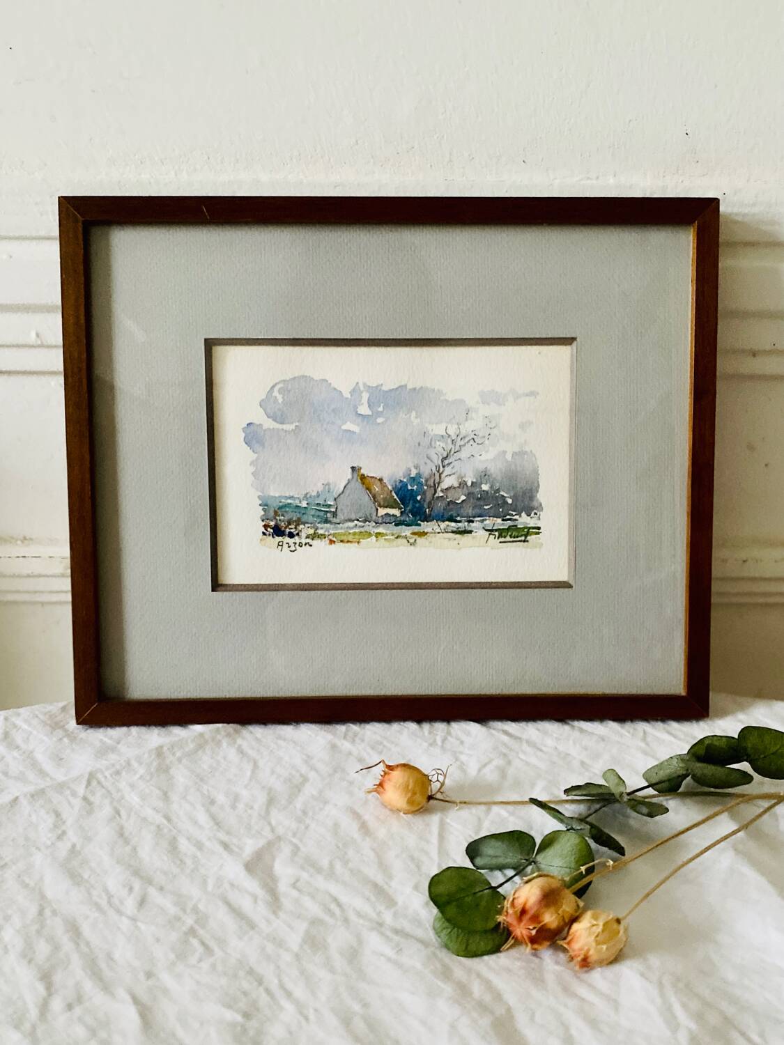Small watercolor painting landscape Brittany Arzon signed