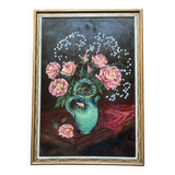 Tableau ancien nature morte signé, bouquet de roses en cruche Vallauris