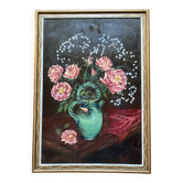 Antique still life painting signed, bouquet of roses in a jug Vallauris
