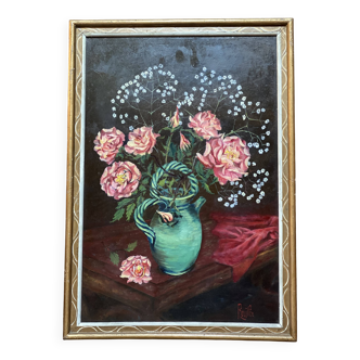 Antique still life painting signed, bouquet of roses in a jug Vallauris
