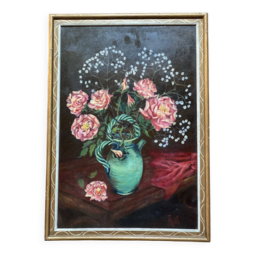 Antique still life painting signed, bouquet of roses in a jug Vallauris