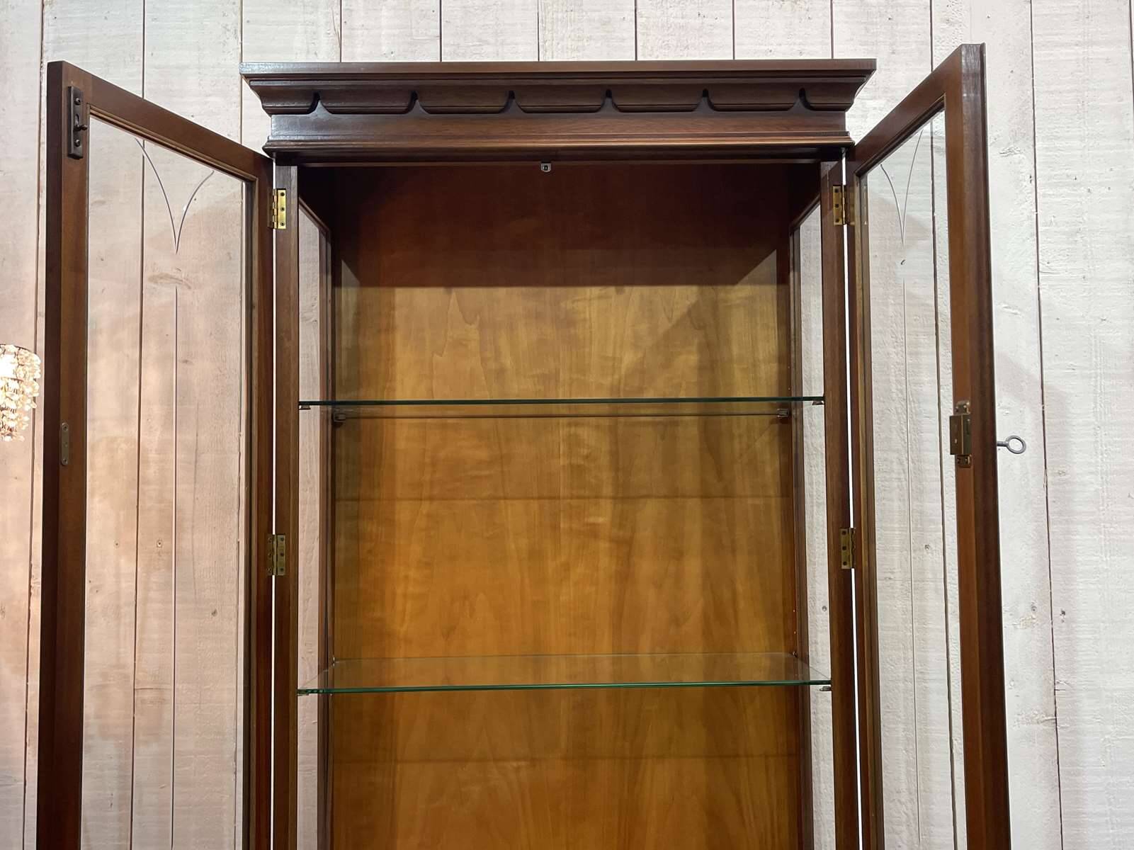 English display cabinet with two sections made of yew from the 1980s.