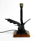 1940s table lamp made of iron in the shape of an eagle, teak wooden base