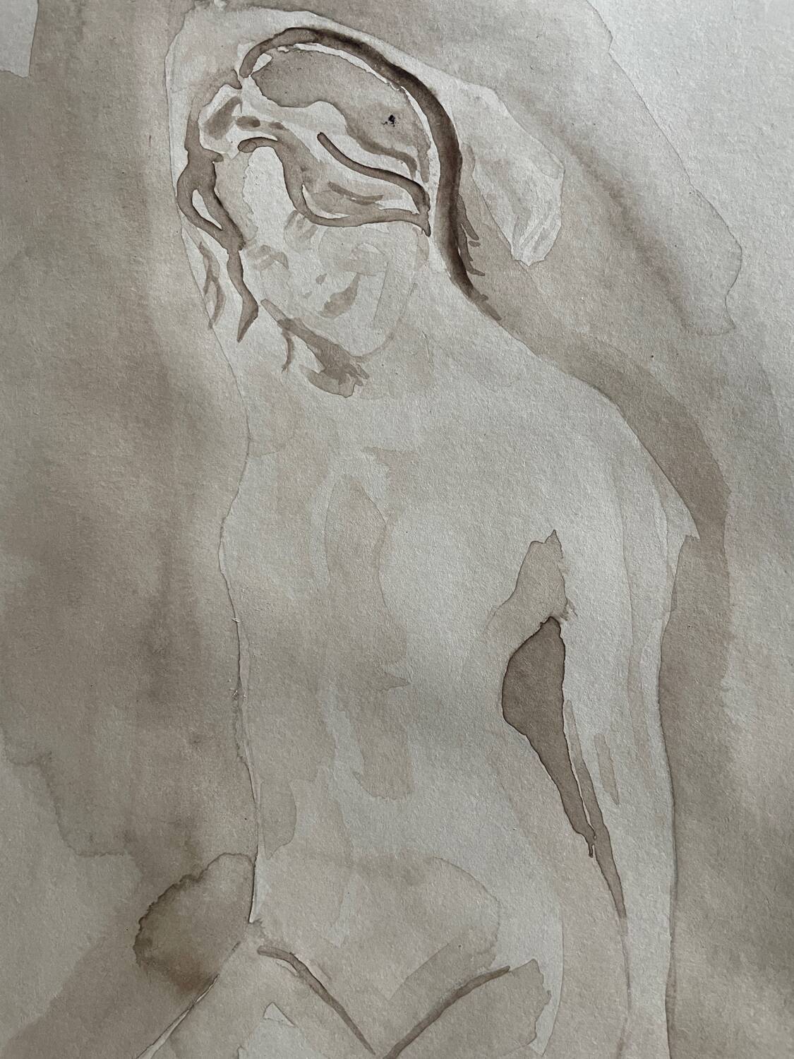 Signed watercolour monochrome painting "Hammam" of a female portrait.