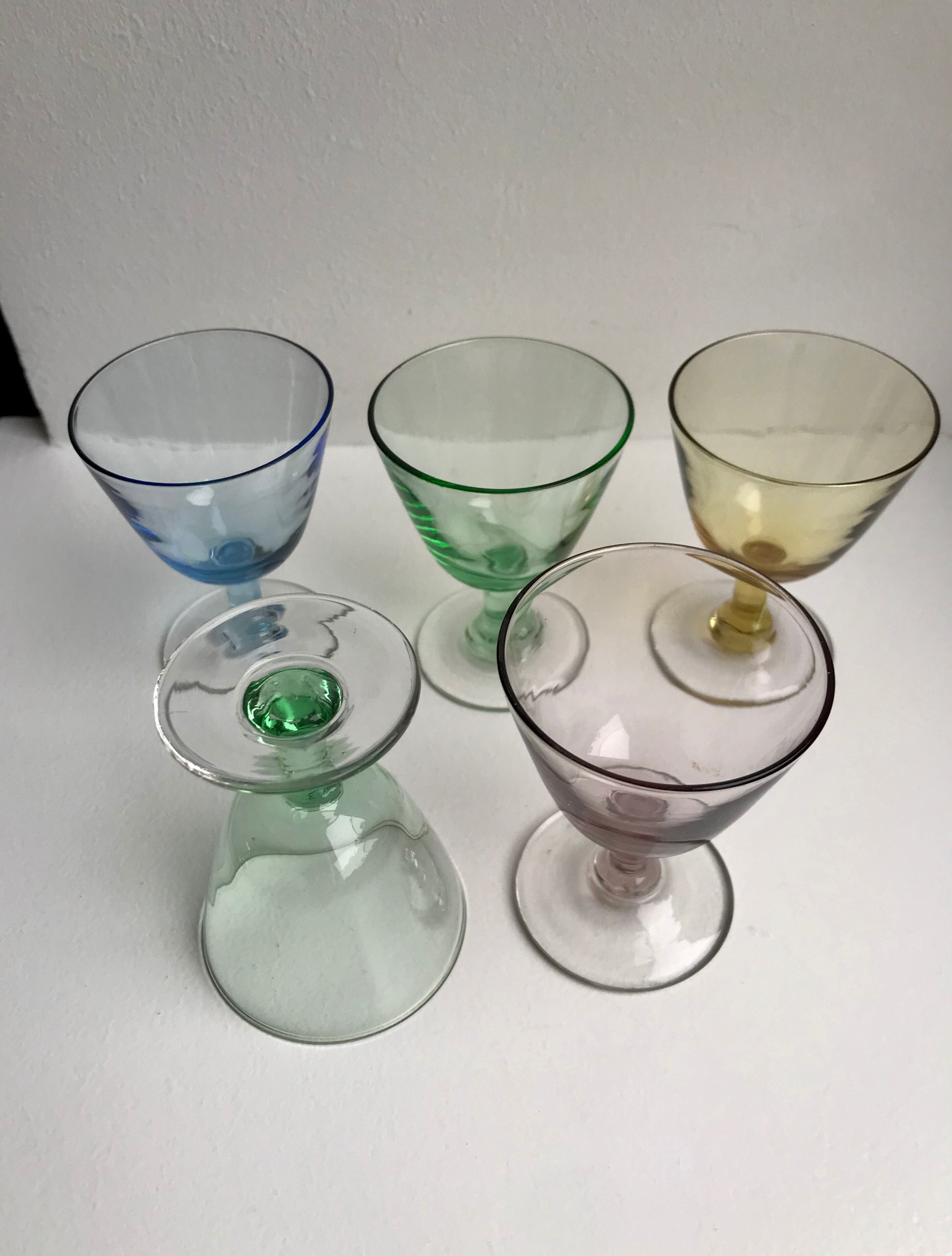 Set of 5 glasses with colored glass shot shot 70s