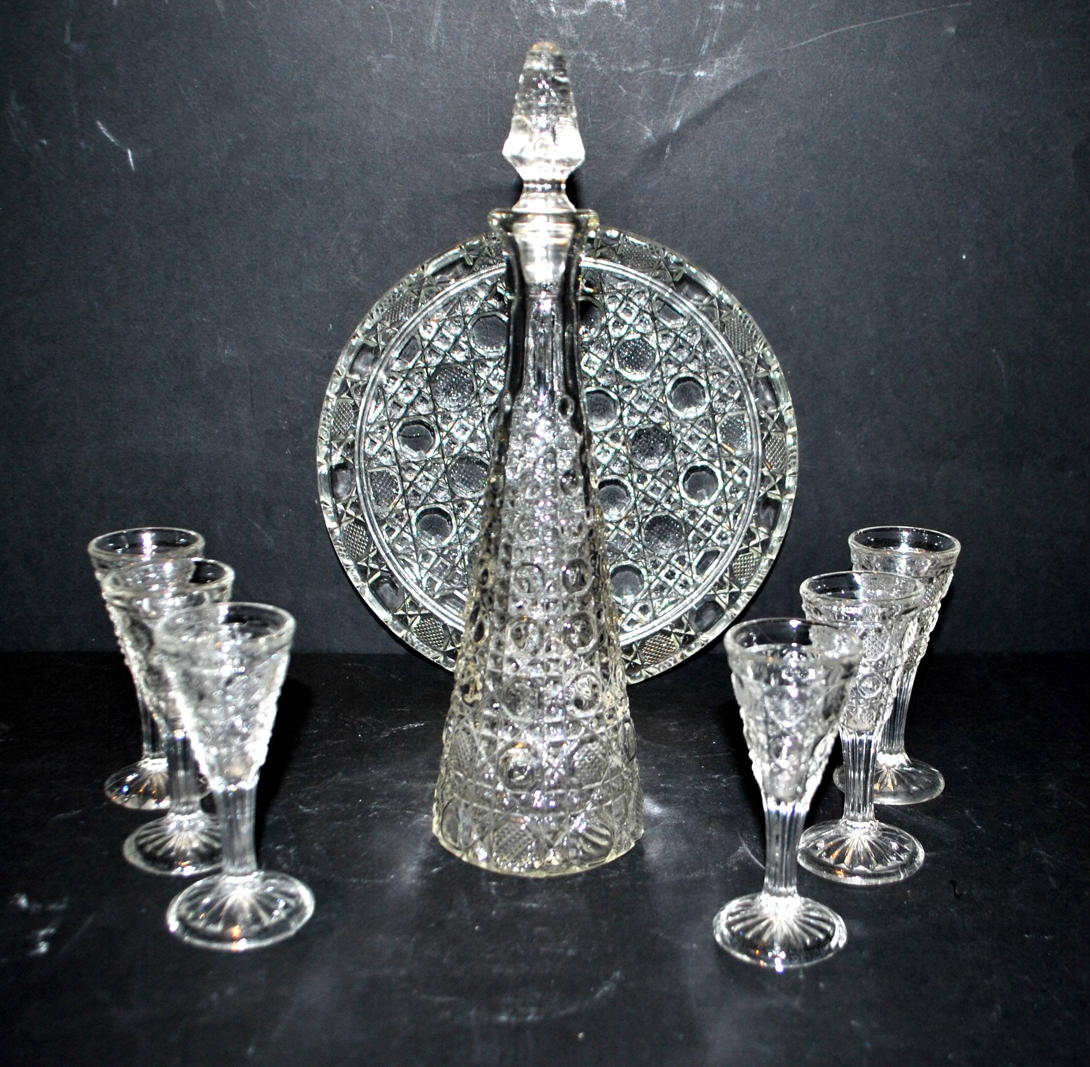 Old molded glass liqueur service GERMANY Fenne - set of 6 carafe glasses and tray