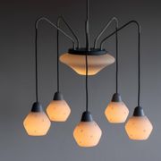 Italian brass enamelled grey chandelier with frosted glass pendants, circa 1960.