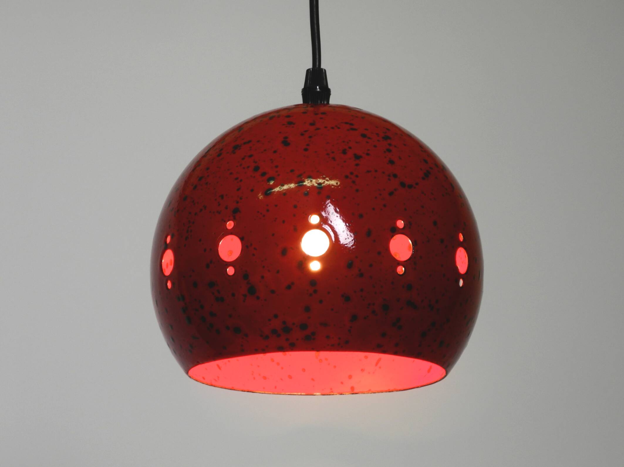 Mid Century red and black small enameled pendant lamp with original canopy